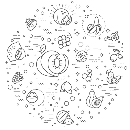 fruits line illustration. Modern style line drawing and background color white. Template for design fabric, backgrounds, wrapping paper.のイラスト素材