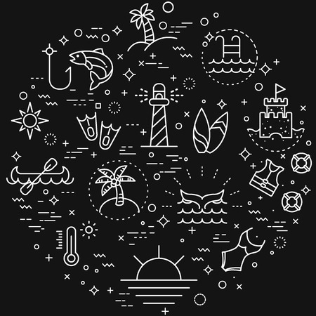 Simple Set of Summer and Beach Related Vector Line Illustration. Contains such Icons as swimsuit, fishing, sunup and more. Modern style line drawing and background color black.のイラスト素材