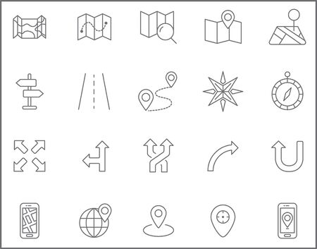 Set of map and navigation Icons line style. Included the icons as map, direction, compass, gps navigation, route, direction sign, globe and more. customize color, stroke width control, easy resize.のイラスト素材