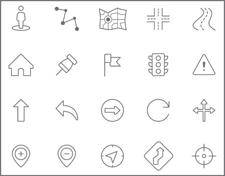 Set of road and navigation Icons line style. Included the icons as map, direction, road sign, road, route, direction sign, arrow and more. customize color, stroke width control, easy resize.のイラスト素材