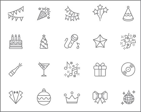 Set of party and holiday Icons line style. Included the icons as cake, cocktail, music, firework, gift, decoration and more.のイラスト素材