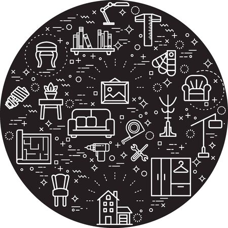 Simple Set of interior and furniture Related Vector Line Illustration. Contains such Icons as home decoration, sofa, bulb, couch and Other Elements.のイラスト素材