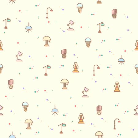 colorful lighting and interior seamless pattern. Collection Of illumination, floor lamp, candle, chandelier, lights and more. Template for design fabric, backgrounds, wrapping paper.のイラスト素材