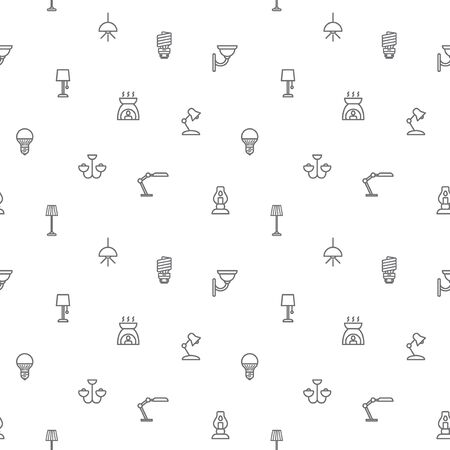 Simple Set of interior and lighting seamless pattern gray vector on white background. Contains such Icons as lamp, light, bulb, light bulb and more. Modern style line drawing.のイラスト素材