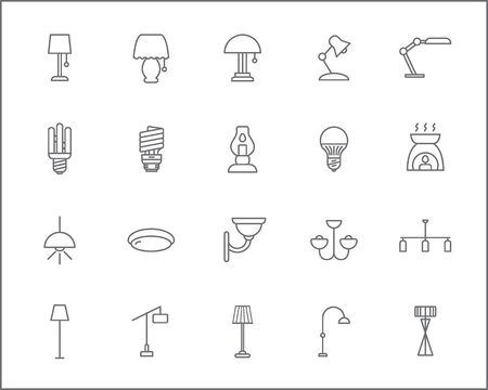 Set of lighting and interior Icons line style. Included the icons as illumination, floor lamp, candle, wall lamp, home decoration, chandelier, lights and more.のイラスト素材