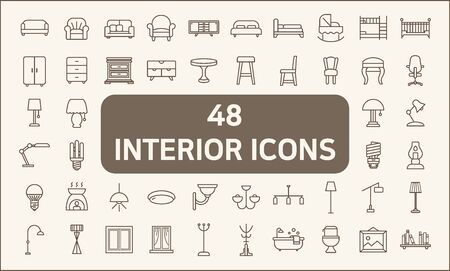 Set of 48 interior and lighting line style. Contains such Icons as illumination, floor lamp, candle, home decoration, chandelier, lights, furniture, bed, chair and more.のイラスト素材