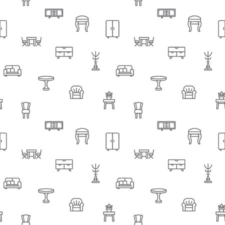 Simple Set of interior and furniture seamless pattern gray vector on white background.Contains such Icons as sofa, chair, table, clothes rack, wardrobe and more. Modern style line drawing.のイラスト素材