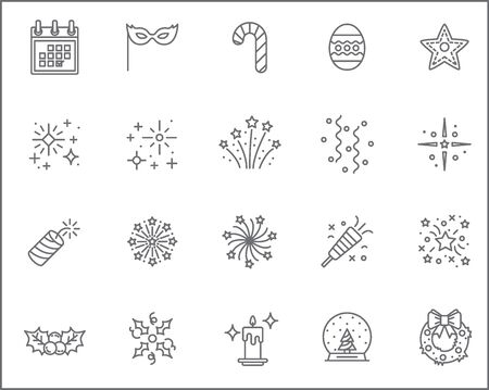 Set of party and holiday Icons line style. Included the icons as Christmas, Easter egg, calendar, firework, snowball, decoration and more. customize color, stroke width control, easy resize.のイラスト素材