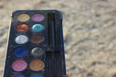  vintage colorful eye shadow from 70s, 60s grandma collection. Retro make up, 1960,s 1970s.  Closeup. Detail. Concept. For design.の写真素材
