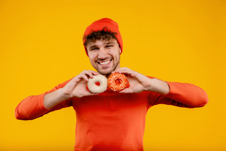 Young handsome smiling man holds donuts in both hands on isolated yellow backgroundの写真素材