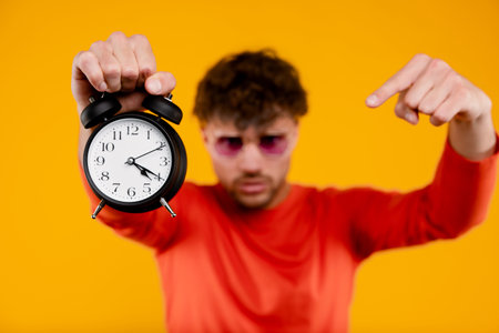 Young handsome serious man points at alarm clock in his hand looks strict, isolated yellow backgroundの写真素材