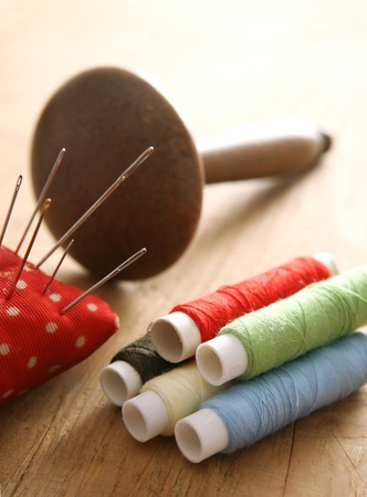 Colorful thread spools and needleの写真素材