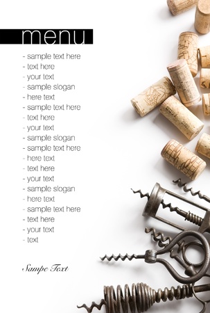 Winery menu project  Unique old corkscrews   corks on white table cloth  Space for text isolated on white  の写真素材