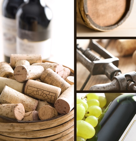 Red wine, corks and old corkscrewの写真素材