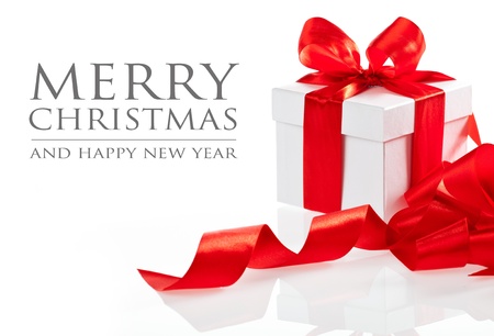 Gift with ribbon and bow isolated on the white background  easy to remove the text の写真素材