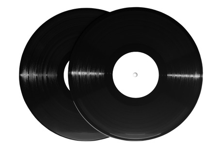 two retro vinyl records isolated on white backgroundの写真素材