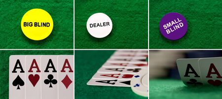 Collage four aces on the table casino and blind chip viewed from aboveの写真素材