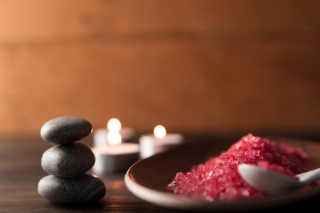 Beautiful Spa composition with aroma candles on wooden . Treatment, aromatherapyの写真素材