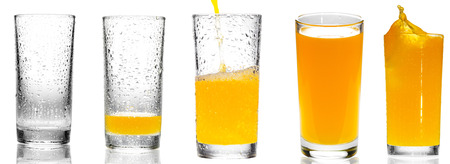 collage of orange juice in a glass on white backgroundの写真素材
