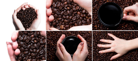Cup with coffee and hand over coffee beans background. Collageの写真素材