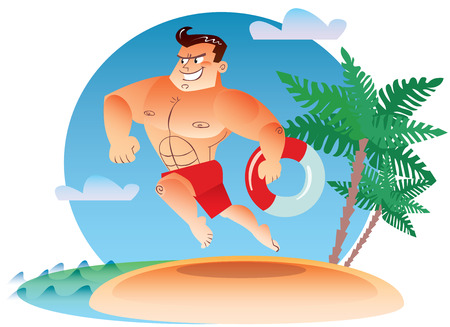 Macho water rescue with a torso in a swimsuit runs along the beach with a lifeline in the handsのイラスト素材