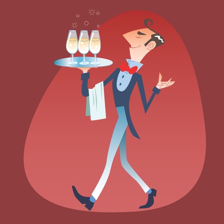Elegant waiter carries a tray of glassesのイラスト素材