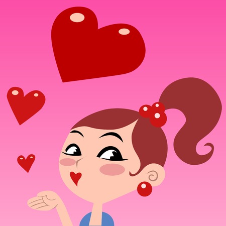 The girl gives kisses, flying red heart Valentines dayの写真素材