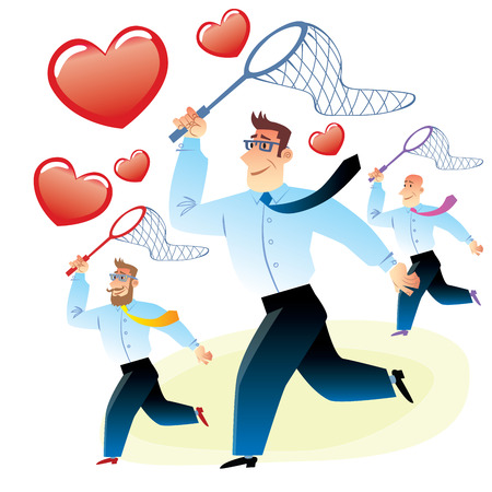 office workers men in search of love caught red heart butterfly net for butterfliesの写真素材