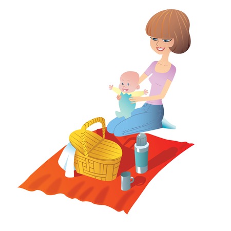 Young mother with baby on a picnic. Basket food stand on the Matのイラスト素材