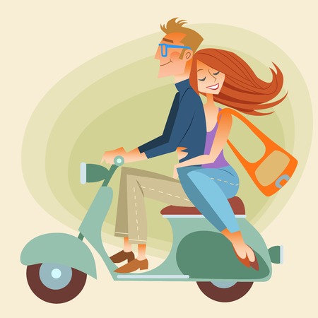 Lovers man and woman on retro bike going down the roadのイラスト素材