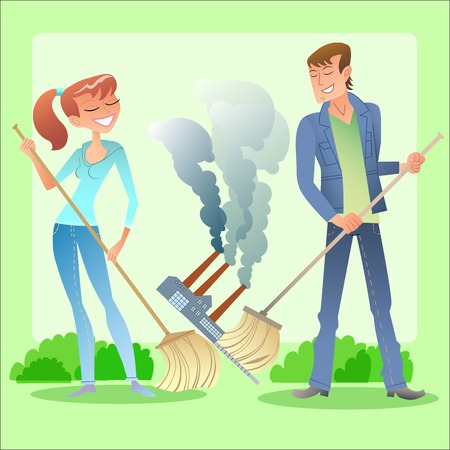 Environmental activists boy and girl clean green planet of garbage and air pollutionのイラスト素材