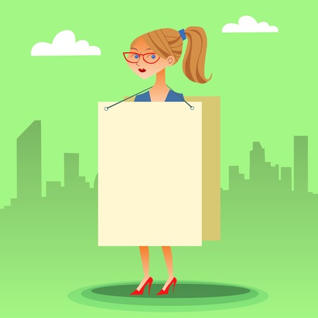 businesswomen with a poster on the street and place for textのイラスト素材