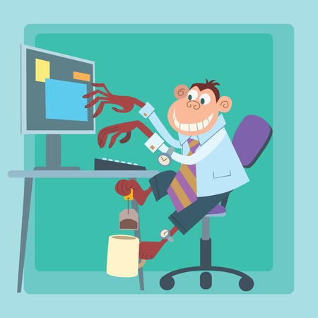 Office monkey working at the computer and making teaのイラスト素材