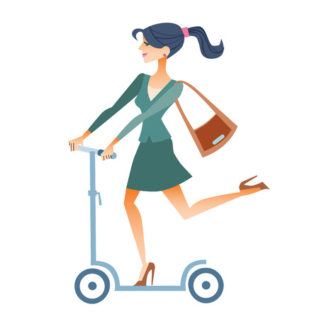 Businesswoman in a suit on the scooter rides to work in the morningのイラスト素材