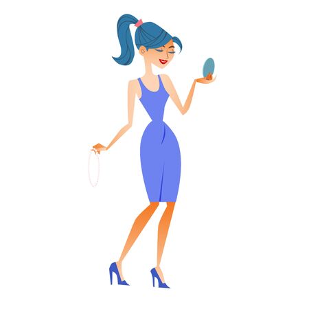 the woman fashionista sees itself in the mirror and tries on the jewels buy decorationのイラスト素材