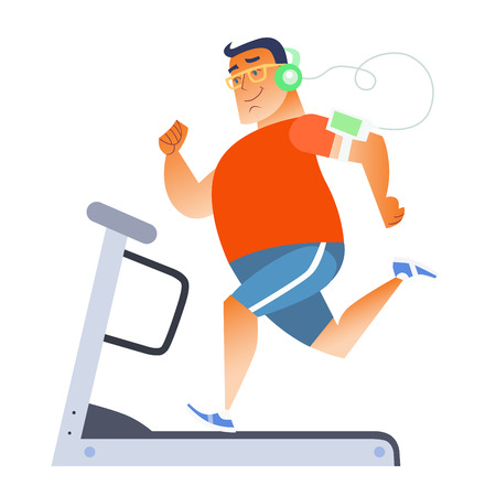 Fat man on a stationary treadmill listening to music on the playerのイラスト素材