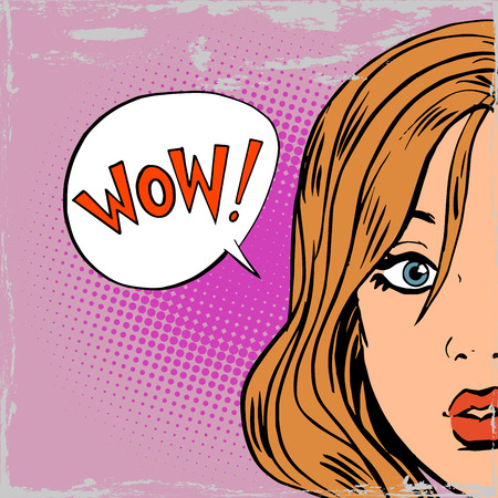 wow surprise girls pop art comics retro style Halftone. Imitation of old illustrations. Bubble for text. old paper antiqueのイラスト素材