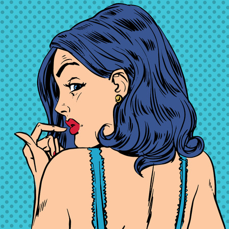 Surprised woman looks back pop art comics retro style Halftone. Imitation of old illustrationsのイラスト素材