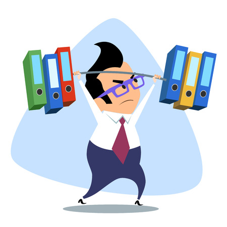 Businessman heavyweight raises the bar with documents. The image of business as a sport. Businessman in sports situationsのイラスト素材