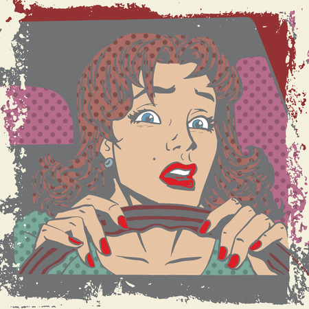 Scared woman driver behind the wheel of a car pop art comics reのイラスト素材