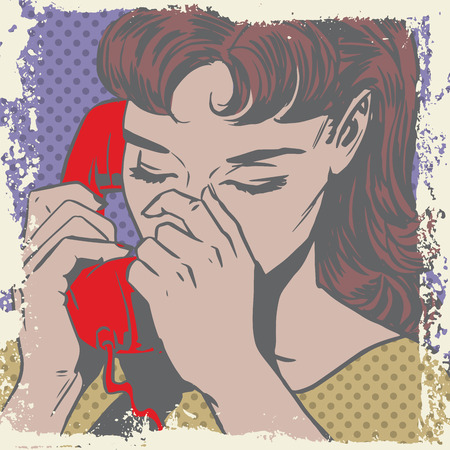 Woman talking on the phone sad pop art comics retro style Halftoのイラスト素材