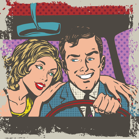 Man and woman in the car pop art comics retro style Halftoneのイラスト素材