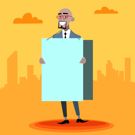 African businessman with an advertising poster with place for text. Unemployed advertiser black smile joyのイラスト素材