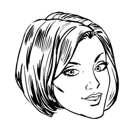 Beautiful young woman face smile retro line art graphicsのイラスト素材