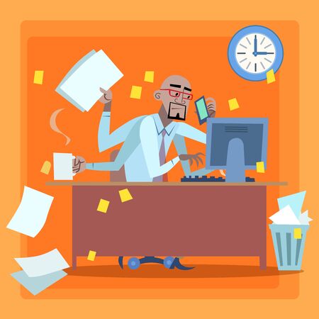 African businessman loaded with work time management. Black man loaded a lot of things in the officeのイラスト素材