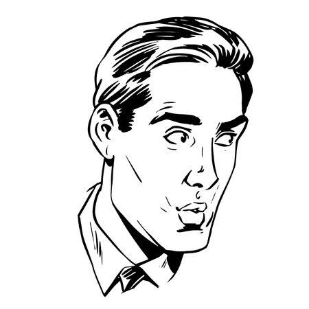 Anxious emotional face men fear the uncertainty of the eye retro line art graphicsのイラスト素材