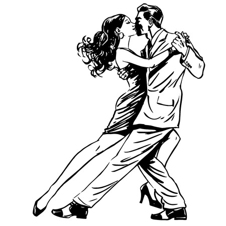 Kiss man and woman dancing couple tango retro line artのイラスト素材