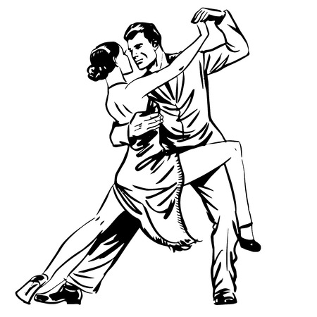 Man and woman dancing couple tango retro line artのイラスト素材