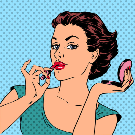 Girl paints lips with lipstick cosmetics beauty perfumes pop artのイラスト素材