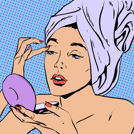 Woman morning after a shower do makeup  Halftone style art pop retro vintage. The lady in the towel on his head he looks at the mirror powder and applied the makeup on your face